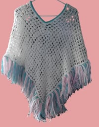 Image 2 of Handmade White openwork Poncho w/Fringe
