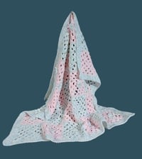 Image 1 of Blue and Pink Granny Square Baby Blanket with Bow Ties