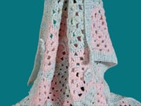 Image 3 of Blue and Pink Granny Square Baby Blanket with Bow Ties