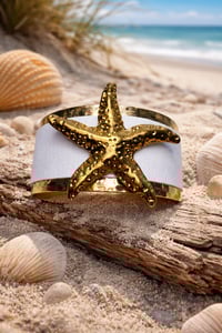 Image 5 of Golden Starfish Ocean Cuff Bracelet – White Leather & Hammered Gold Tone – Coastal Boho Jewelry