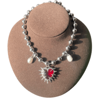 candy apple red heart and pearl necklace on 17.5 inch chain