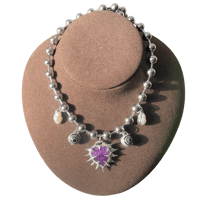 purple heart, spiral glass beads and pearls on 18 inch ball chain