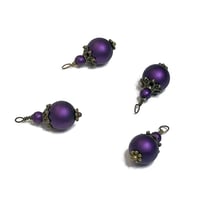 Image 1 of 4PC set Metallic Matte Purple painted glass bead charms/Antique Silver/Antique Bronze plated accents