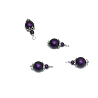 Image 2 of 4PC set Metallic Matte Purple painted glass bead charms/Antique Silver/Antique Bronze plated accents