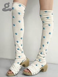Image 3 of White Paw-Print Stirrup Slouchy Wool Leg Warmers