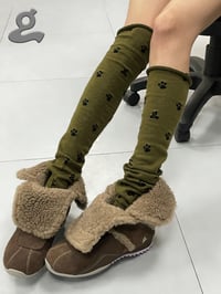 Image 3 of Olive Brown Paw-Print Stirrup Slouchy Wool Leg Warmers