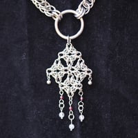 Image 1 of Stainless steel diamond chainmail necklace with garnet and xtal quartz