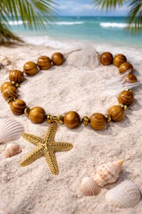Image 3 of Golden Starfish Wood Bead Necklace – Natural Boho Coastal Chic Jewelry