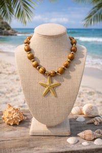 Image 5 of Golden Starfish Wood Bead Necklace – Natural Boho Coastal Chic Jewelry