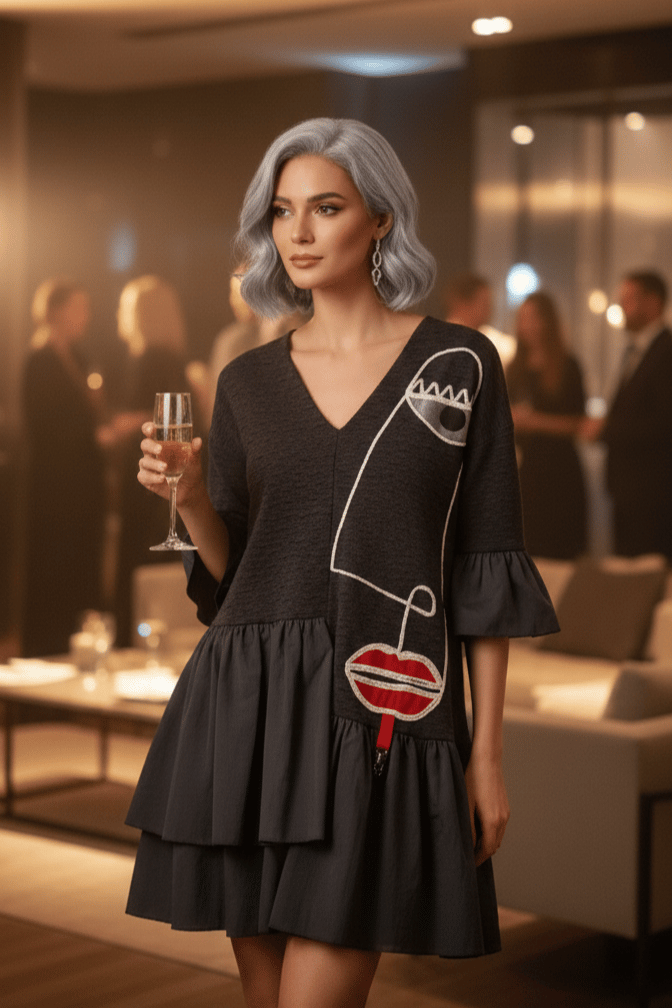 Image of black tunic, applique face, one of a kind