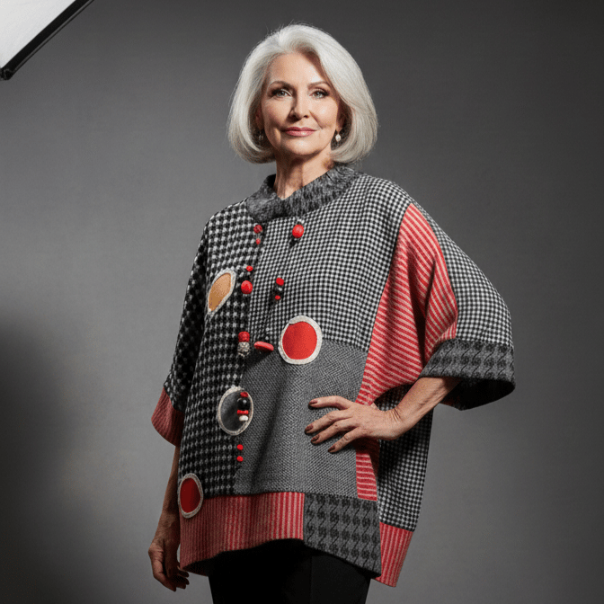 Image of black, red and white color block sweater