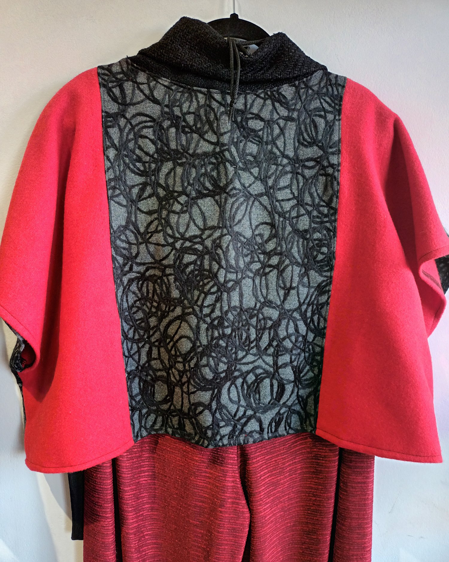 Image of fabric collage cropped top black, red and grey