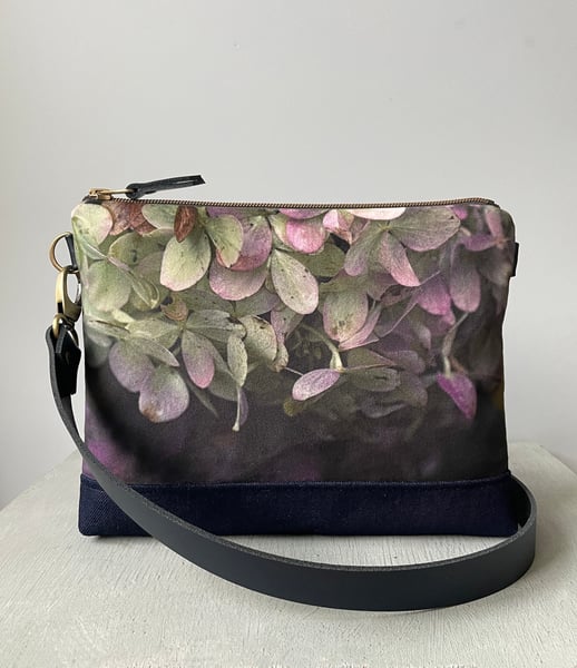 Image of Hydrangea, large velvet shoulder bag with crossbody leather strap 
