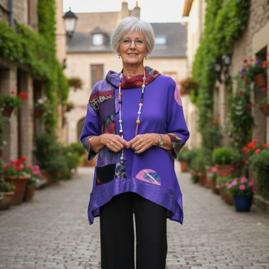 Image of fabric collage top in royal purple