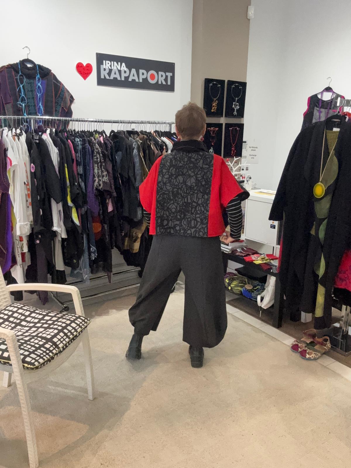 Image of fabric collage cropped top black, red and grey