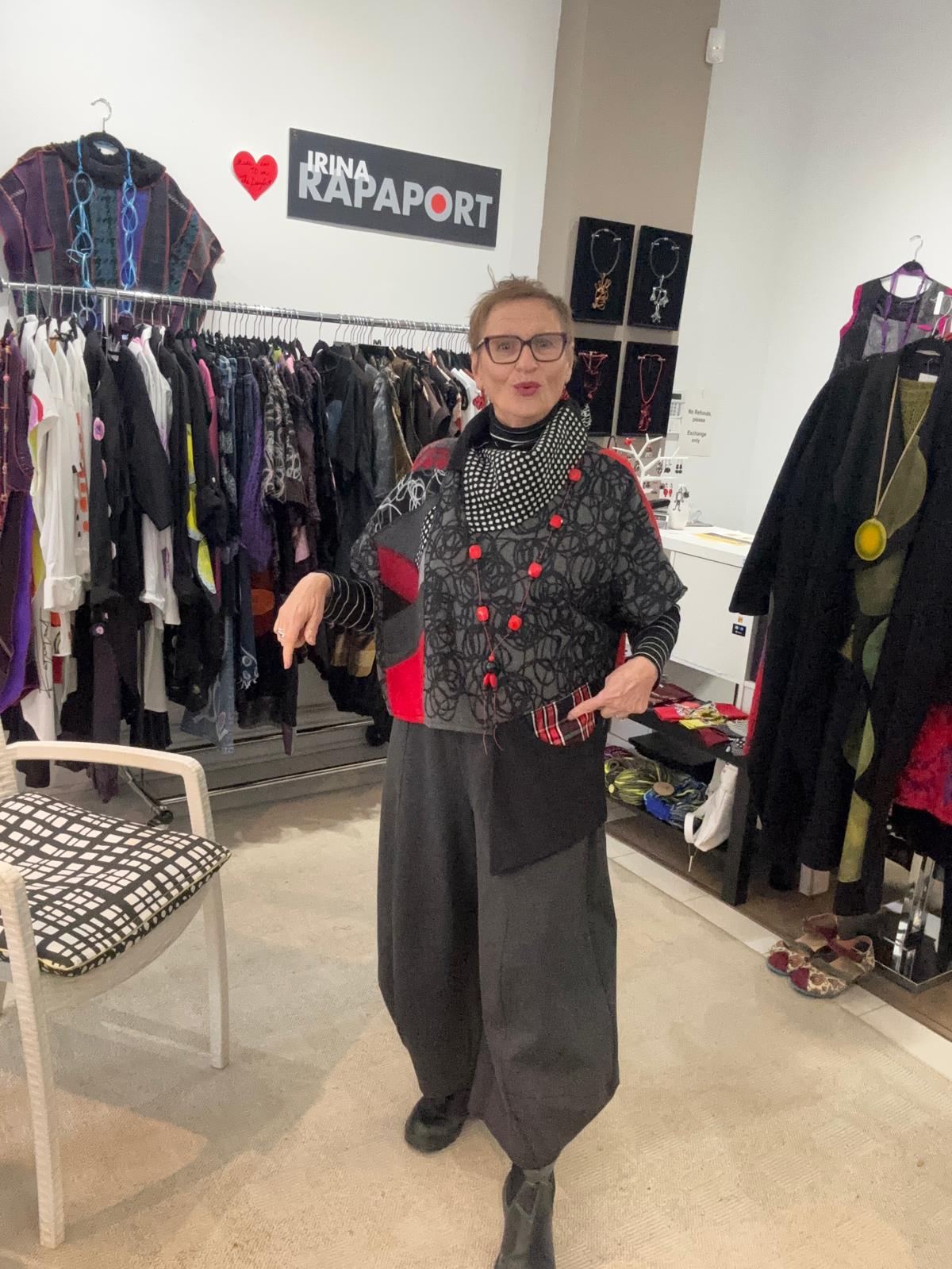 Image of fabric collage cropped top black, red and grey