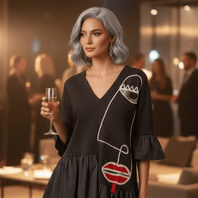 Image of black tunic, applique face, one of a kind