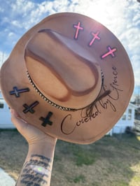 Image 1 of "Covered by Grace"Hand Burned Hat with Stained Glass Windows