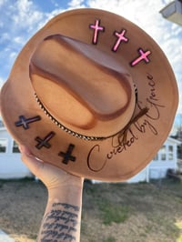 Image 2 of "Covered by Grace"Hand Burned Hat with Stained Glass Windows