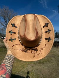 Image 3 of "Covered by Grace"Hand Burned Hat with Stained Glass Windows