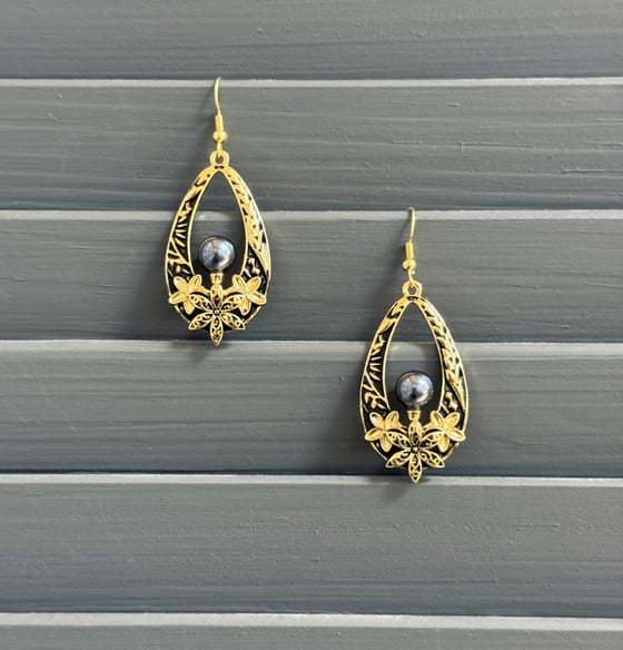 Image of TIARE & PLUMERIA BLACK ENAMEL TEARDROP WOMEN'S EARRINGS