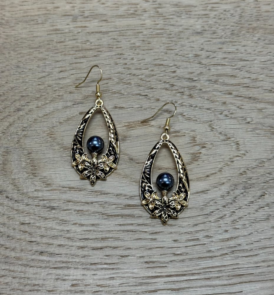 Image of TIARE & PLUMERIA BLACK ENAMEL TEARDROP WOMEN'S EARRINGS