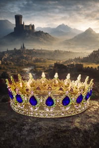 Image 1 of 👑The Armored Kingdom Oceanic Sapphire Blue Queens Crown (Gold)-Royal-Gem Encrusted-Durable