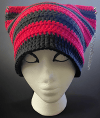 Image 1 of Red and Black Striped Crochet Cat Beanie, Studded Chain Ears, Alternative Style Wear