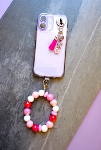 Image 1 of Handmade Cellphone Pink Accessory SET, wristlet, charm, beads, gift, iPhone, Samsung, android, phone
