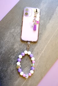 Image 1 of Handmade Cellphone Purple Accessory SET, wristlet, charm, beads, iPhone, Samsung, android, phone