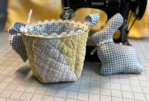 Image of Vintage Blue Quilted Basket with Bunny