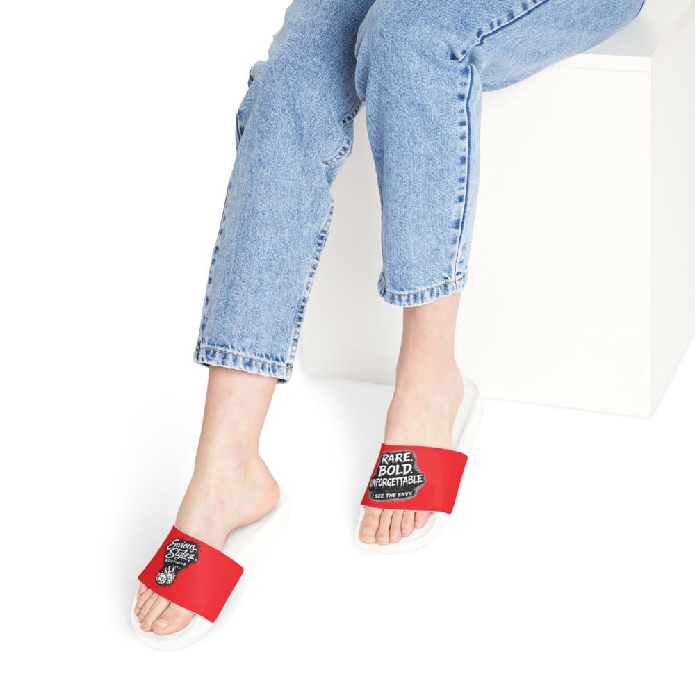 Image of Women's Slide Sandals — Red Removable-Strap Slides with 'Rare, Bold, Unforgettable' Graphic