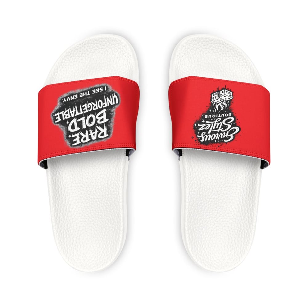 Image of Women's Slide Sandals — Red Removable-Strap Slides with 'Rare, Bold, Unforgettable' Graphic