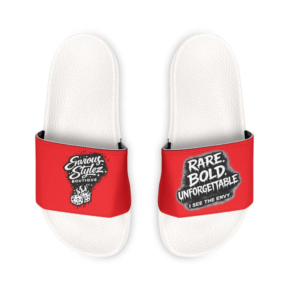 Image of Women's Slide Sandals — Red Removable-Strap Slides with 'Rare, Bold, Unforgettable' Graphic