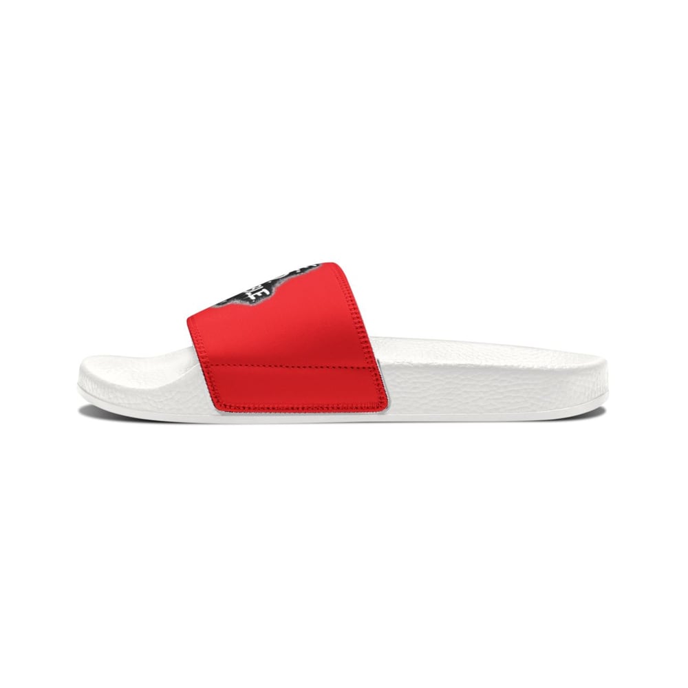 Image of Women's Slide Sandals — Red Removable-Strap Slides with 'Rare, Bold, Unforgettable' Graphic