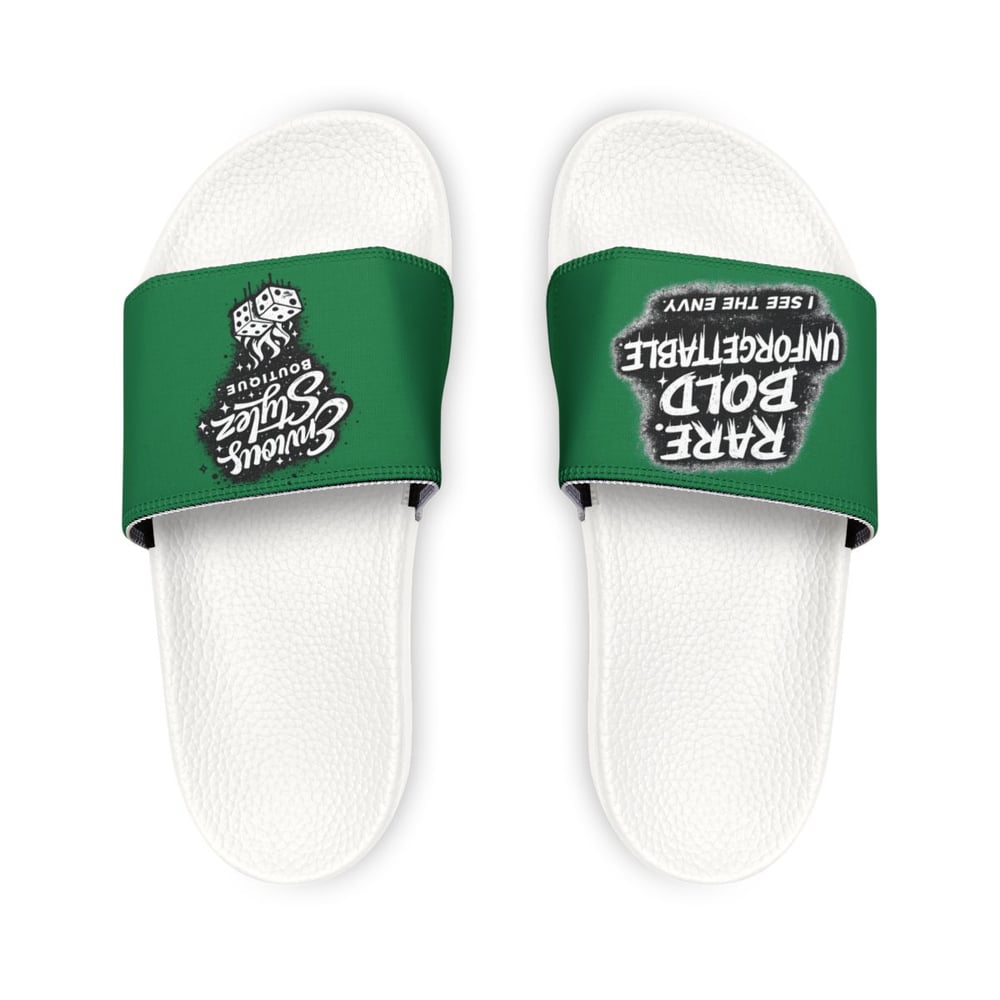 Image of Slide Sandals — Green "Rare Bold Unforgettable" Removable-Strap Pool Slides