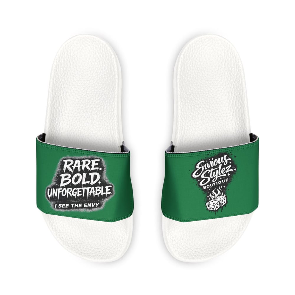 Image of Slide Sandals — Green "Rare Bold Unforgettable" Removable-Strap Pool Slides
