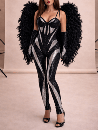 Image 1 of Crystal Spiral Mesh Catsuit, Gloves and Wings Set