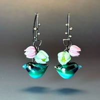 Image 1 of Birds Amidst Flowers: Art Glass Statement Earrings.