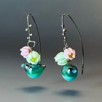 Image 2 of Birds Amidst Flowers: Art Glass Statement Earrings.