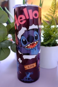 Image 1 of Handmade Stitch Hello 20oz Stainless Steel Tumbler, drink, cold, hot, purple, straw, lilo, cup