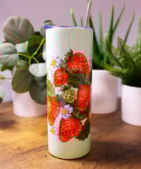 Image 1 of Handmade Strawberry 20oz Stainless Steel Tumbler, hot, cold, straw, gift, cup, bow, gnome, red