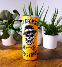 Image 1 of Handmade Bad Decisions - Good Stories 20oz Stainless Steel Tumbler, hot, cold, skull, fire, stanley