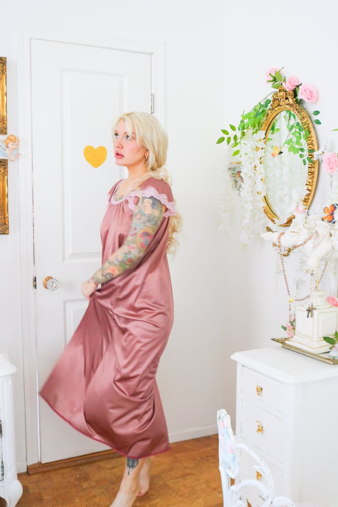 Image of Vintage Dark Dusty Mauve Ankle Length Gown with Cap Sleeves (Small)