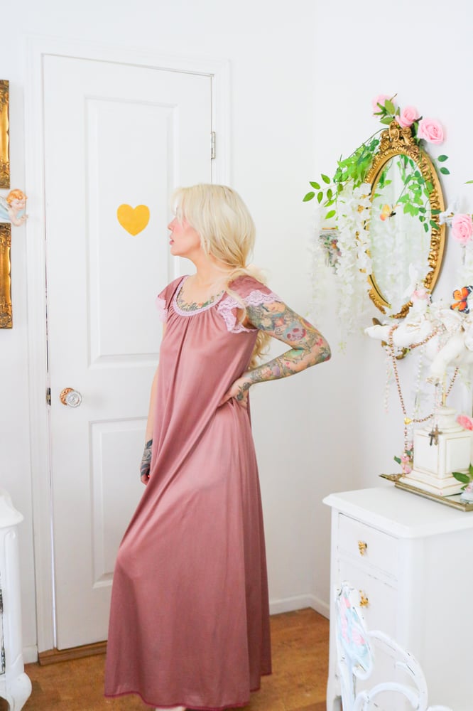 Image of Vintage Dark Dusty Mauve Ankle Length Gown with Cap Sleeves (Small)