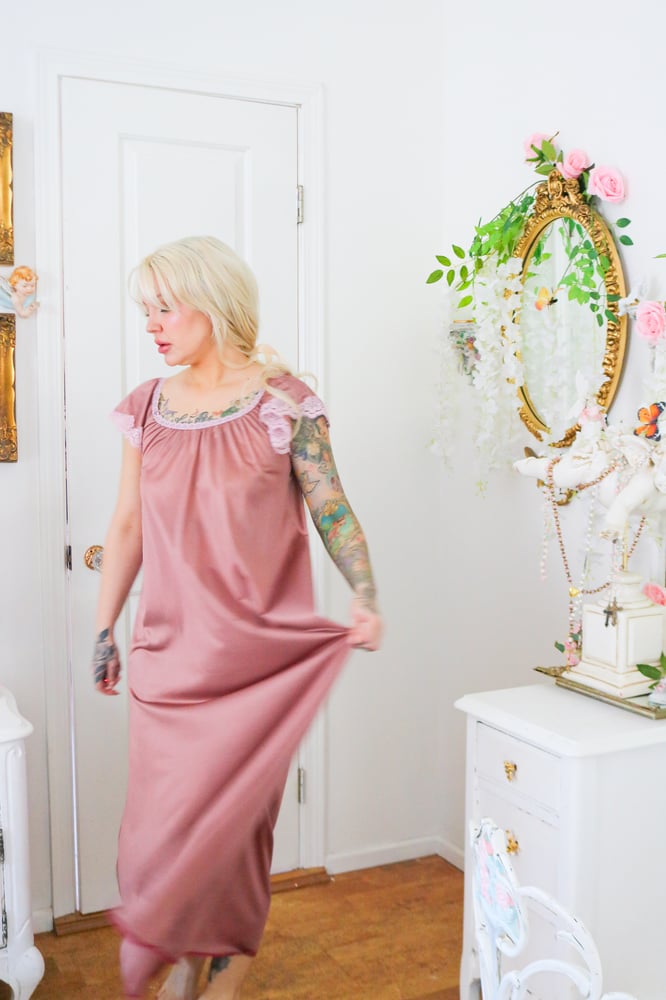 Image of Vintage Dark Dusty Mauve Ankle Length Gown with Cap Sleeves (Small)