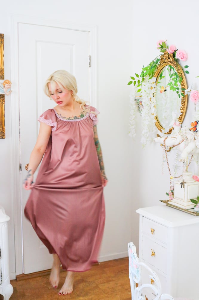 Image of Vintage Dark Dusty Mauve Ankle Length Gown with Cap Sleeves (Small)