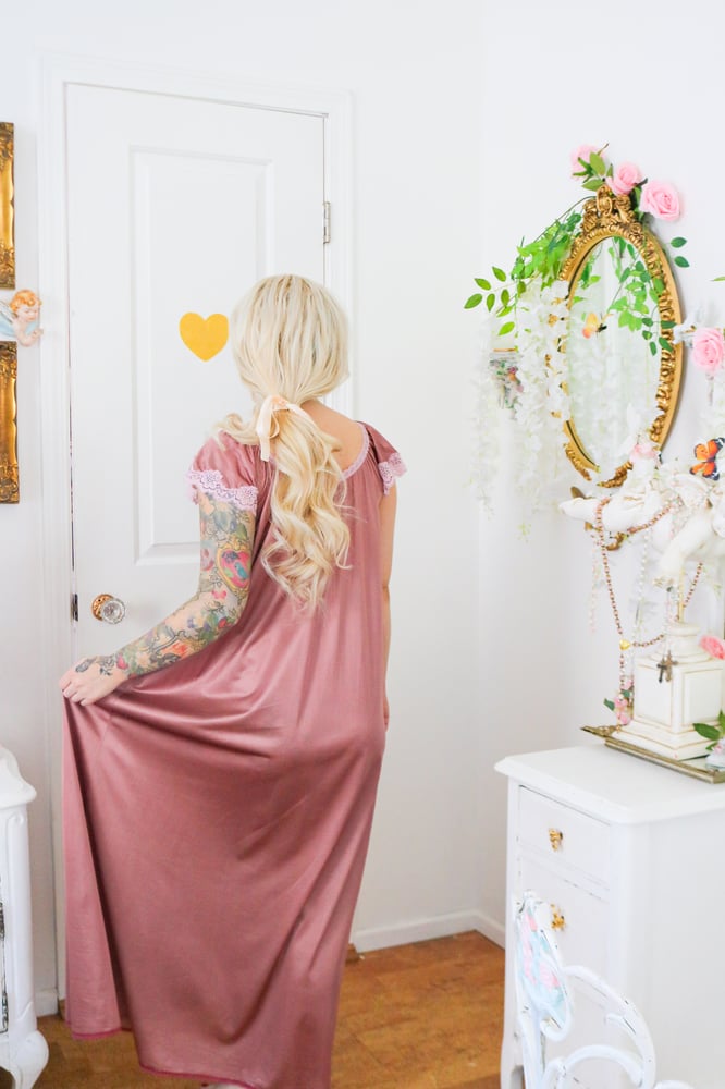 Image of Vintage Dark Dusty Mauve Ankle Length Gown with Cap Sleeves (Small)