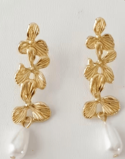 Image of Stainless Steel floral pearl drop earrings