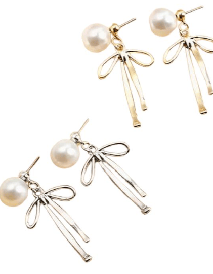 Image of Stainless steel pearl bow earrings